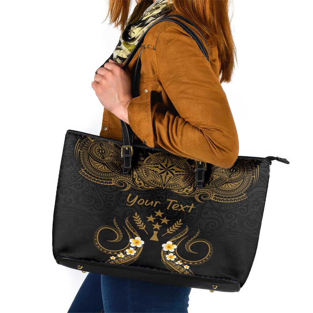 Personalised Kosrae Liberation Day Leather Tote Bag Polynesian Tattoo and Plumeria Gold Color