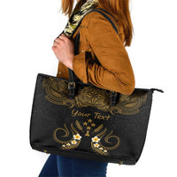 Personalised Kosrae Liberation Day Leather Tote Bag Polynesian Tattoo and Plumeria Gold Color