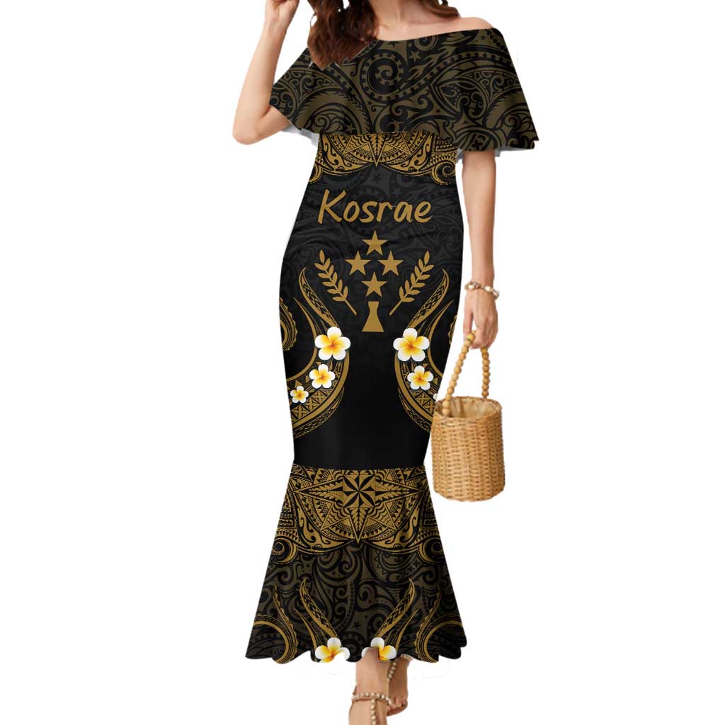 Personalised Kosrae Liberation Day Mermaid Dress Polynesian Tattoo and Plumeria Gold Color