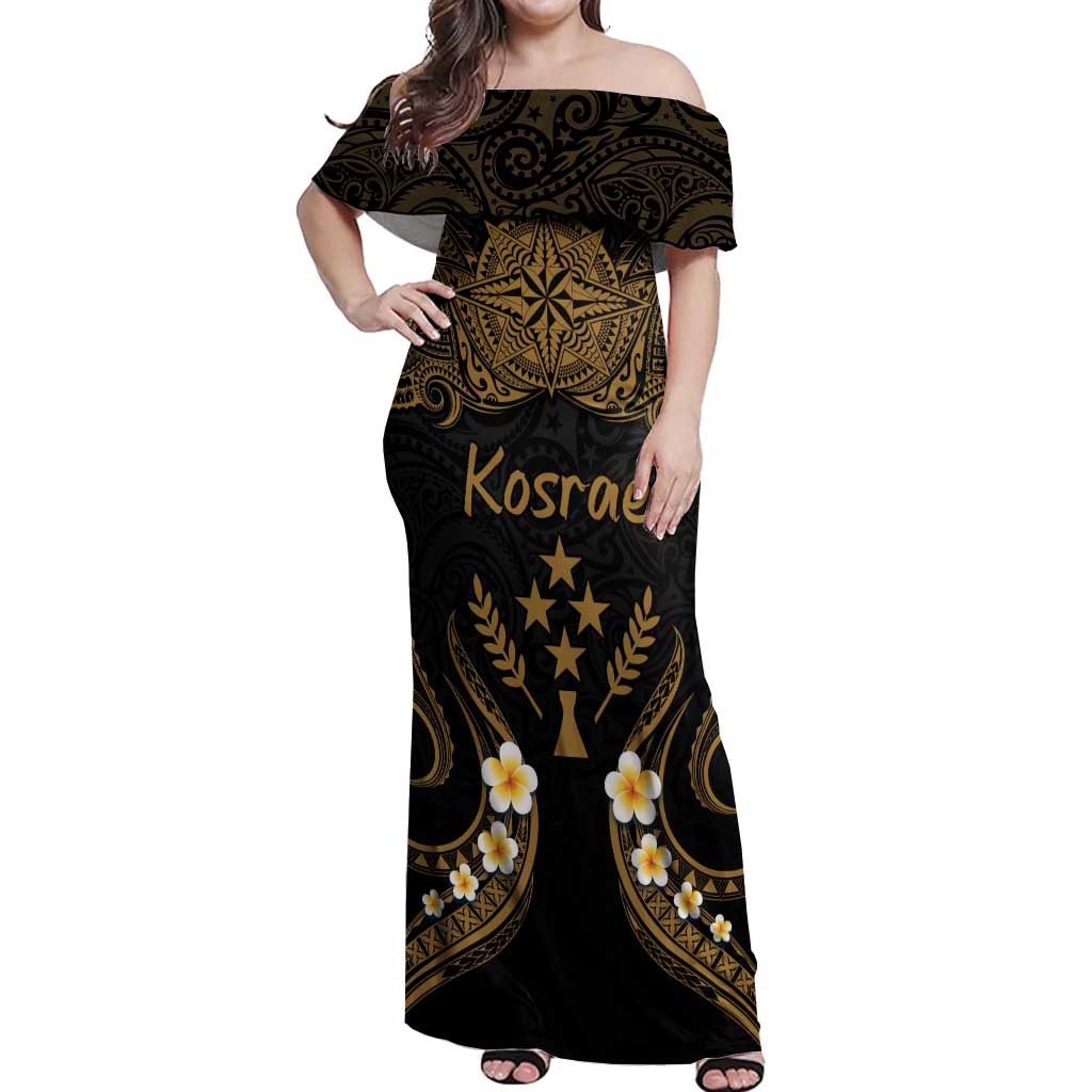 Personalised Kosrae Liberation Day Off Shoulder Maxi Dress Polynesian Tattoo and Plumeria Gold Color