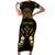 Personalised Kosrae Liberation Day Short Sleeve Bodycon Dress Polynesian Tattoo and Plumeria Gold Color