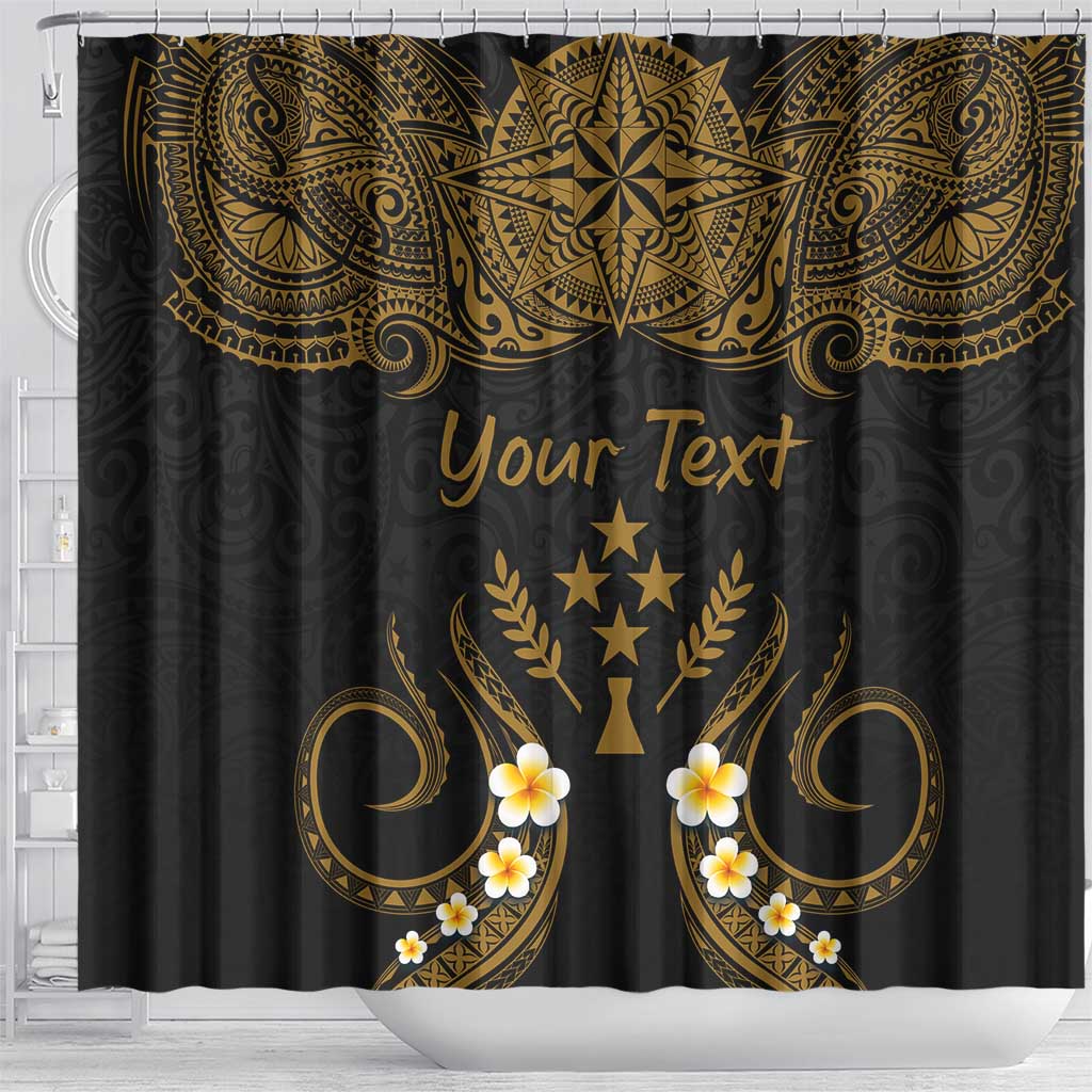 Personalised Kosrae Liberation Day Shower Curtain Polynesian Tattoo and Plumeria Gold Color