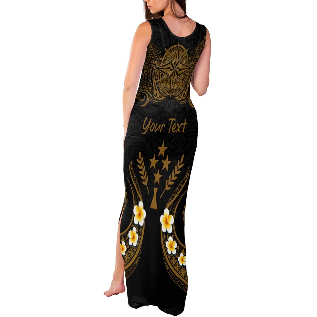 Personalised Kosrae Liberation Day Tank Maxi Dress Polynesian Tattoo and Plumeria Gold Color