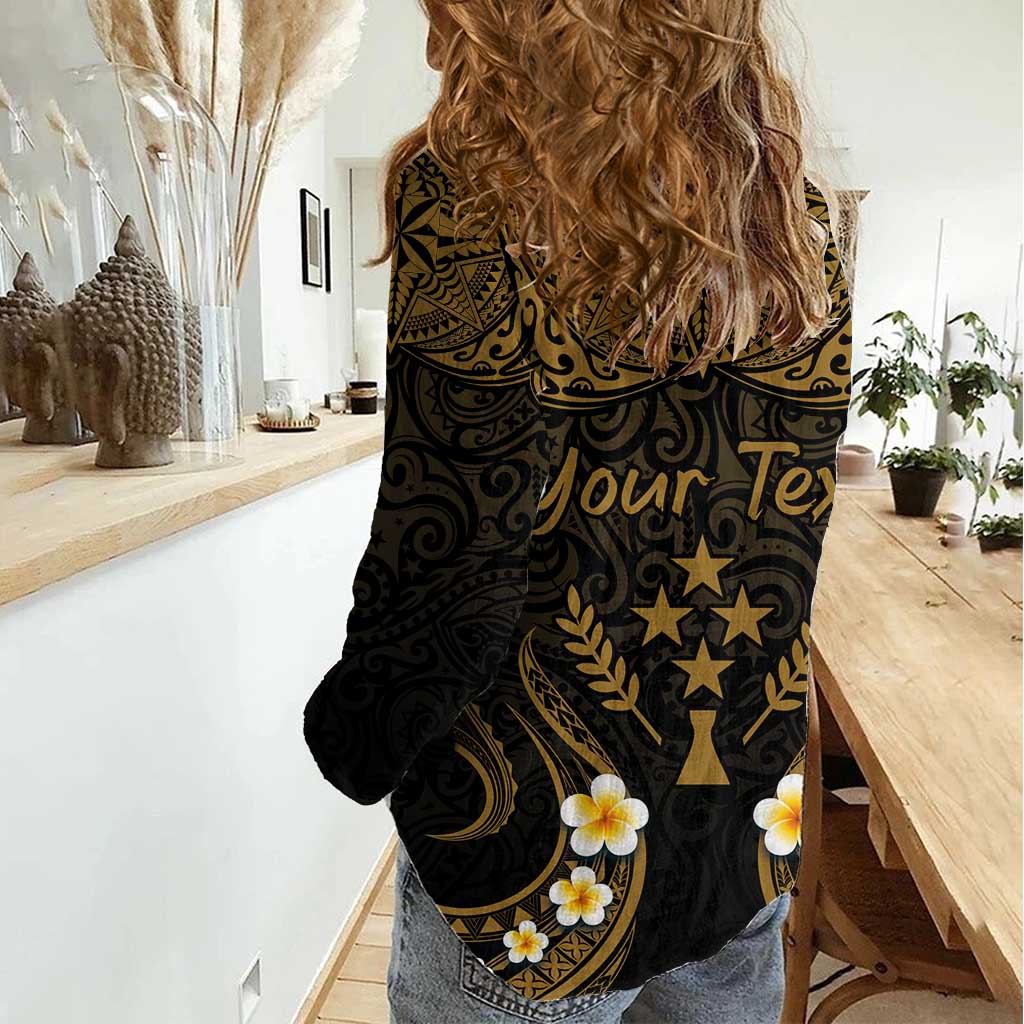 Personalised Kosrae Liberation Day Women Casual Shirt Polynesian Tattoo and Plumeria Gold Color