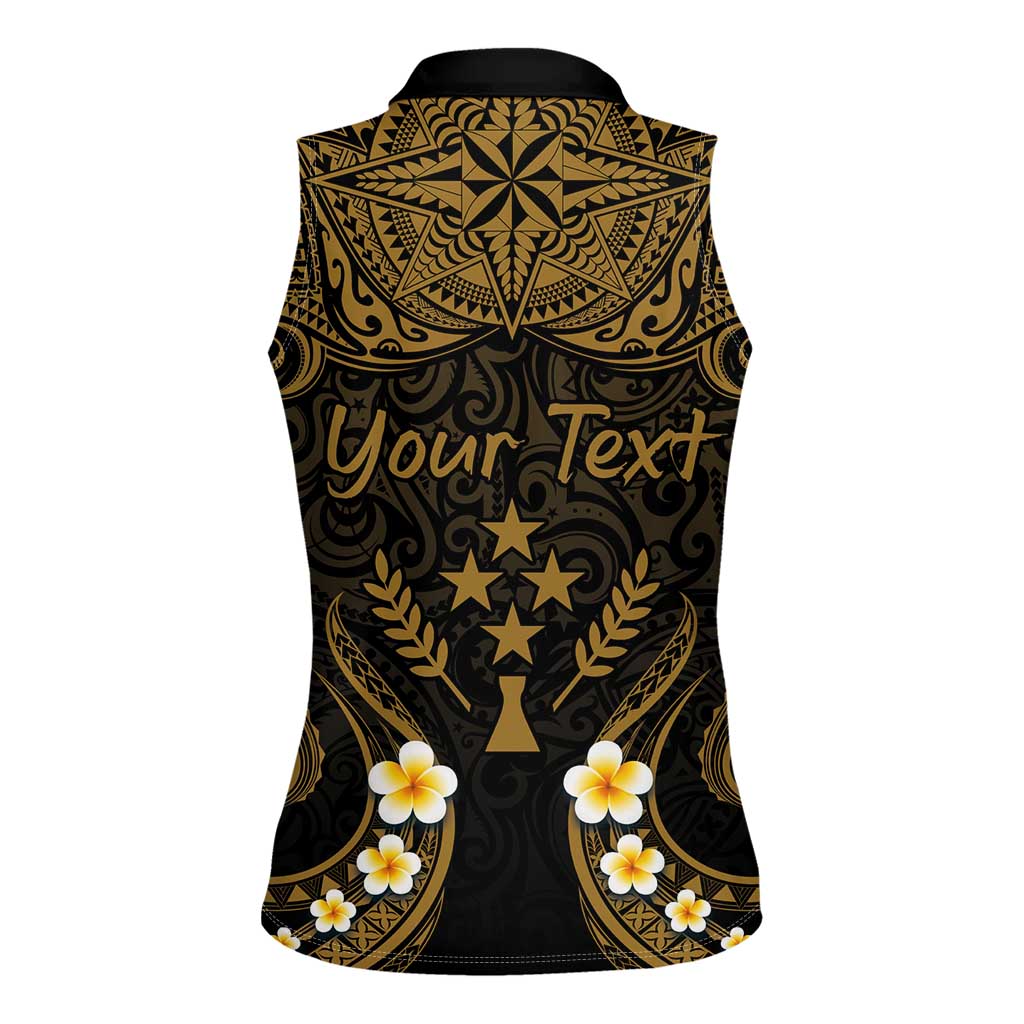 Personalised Kosrae Liberation Day Women Sleeveless Polo Shirt Polynesian Tattoo and Plumeria Gold Color
