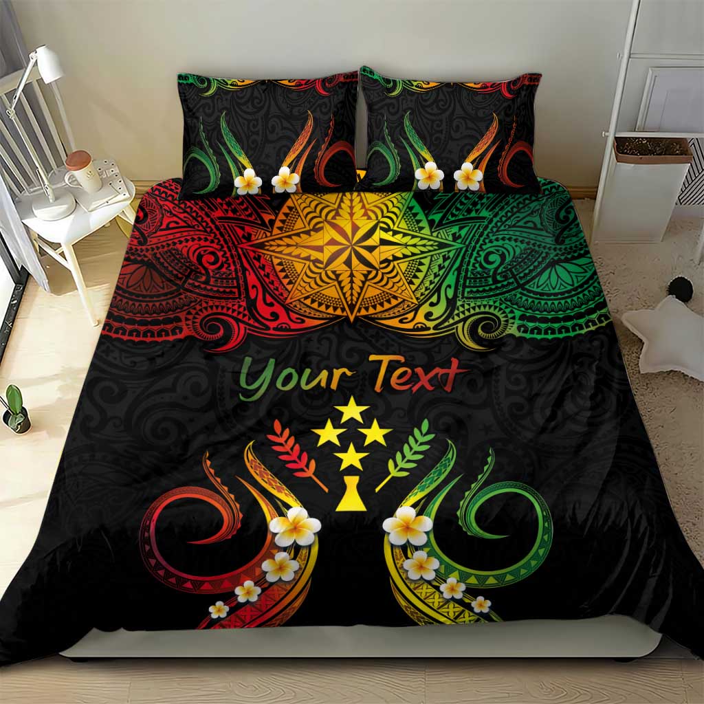 Personalised Kosrae Liberation Day Bedding Set Polynesian Tattoo and Plumeria Reggae Color