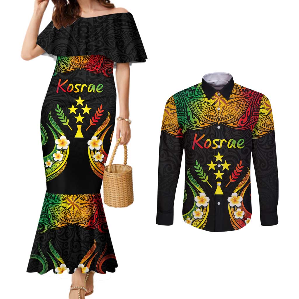 Personalised Kosrae Liberation Day Couples Matching Mermaid Dress and Long Sleeve Button Shirt Polynesian Tattoo and Plumeria Reggae Color