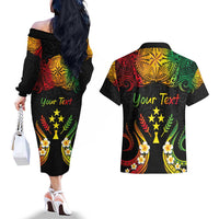Personalised Kosrae Liberation Day Couples Matching Off The Shoulder Long Sleeve Dress and Hawaiian Shirt Polynesian Tattoo and Plumeria Reggae Color