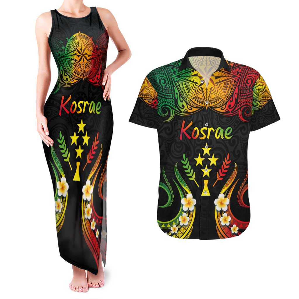 Personalised Kosrae Liberation Day Couples Matching Tank Maxi Dress and Hawaiian Shirt Polynesian Tattoo and Plumeria Reggae Color