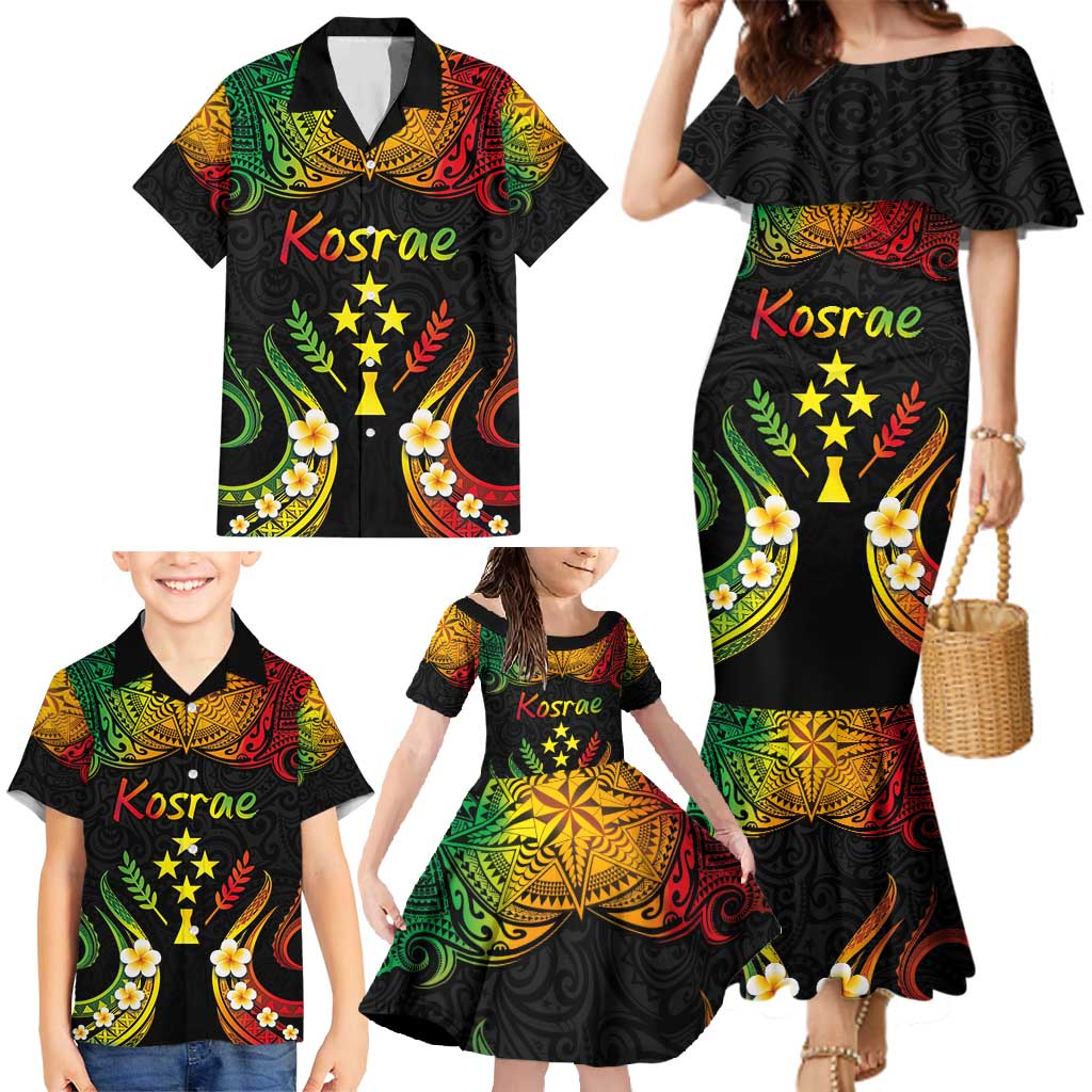 Personalised Kosrae Liberation Day Family Matching Mermaid Dress and Hawaiian Shirt Polynesian Tattoo and Plumeria Reggae Color