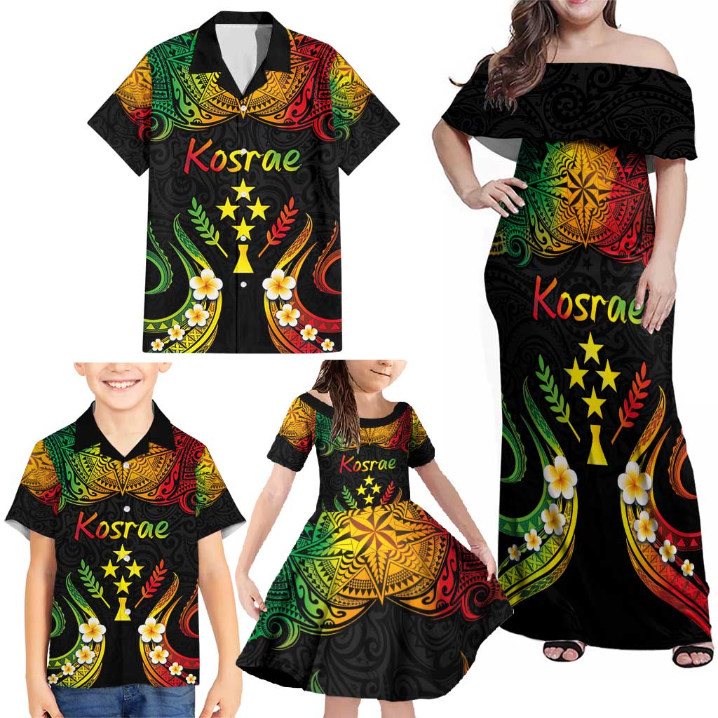 Personalised Kosrae Liberation Day Family Matching Off Shoulder Maxi Dress and Hawaiian Shirt Polynesian Tattoo and Plumeria Reggae Color