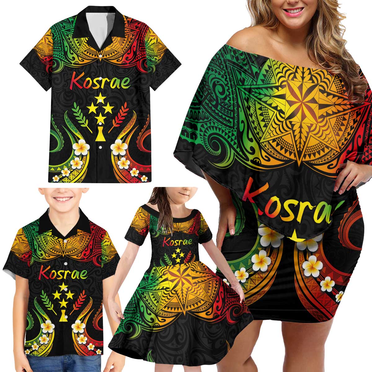 Personalised Kosrae Liberation Day Family Matching Off Shoulder Short Dress and Hawaiian Shirt Polynesian Tattoo and Plumeria Reggae Color