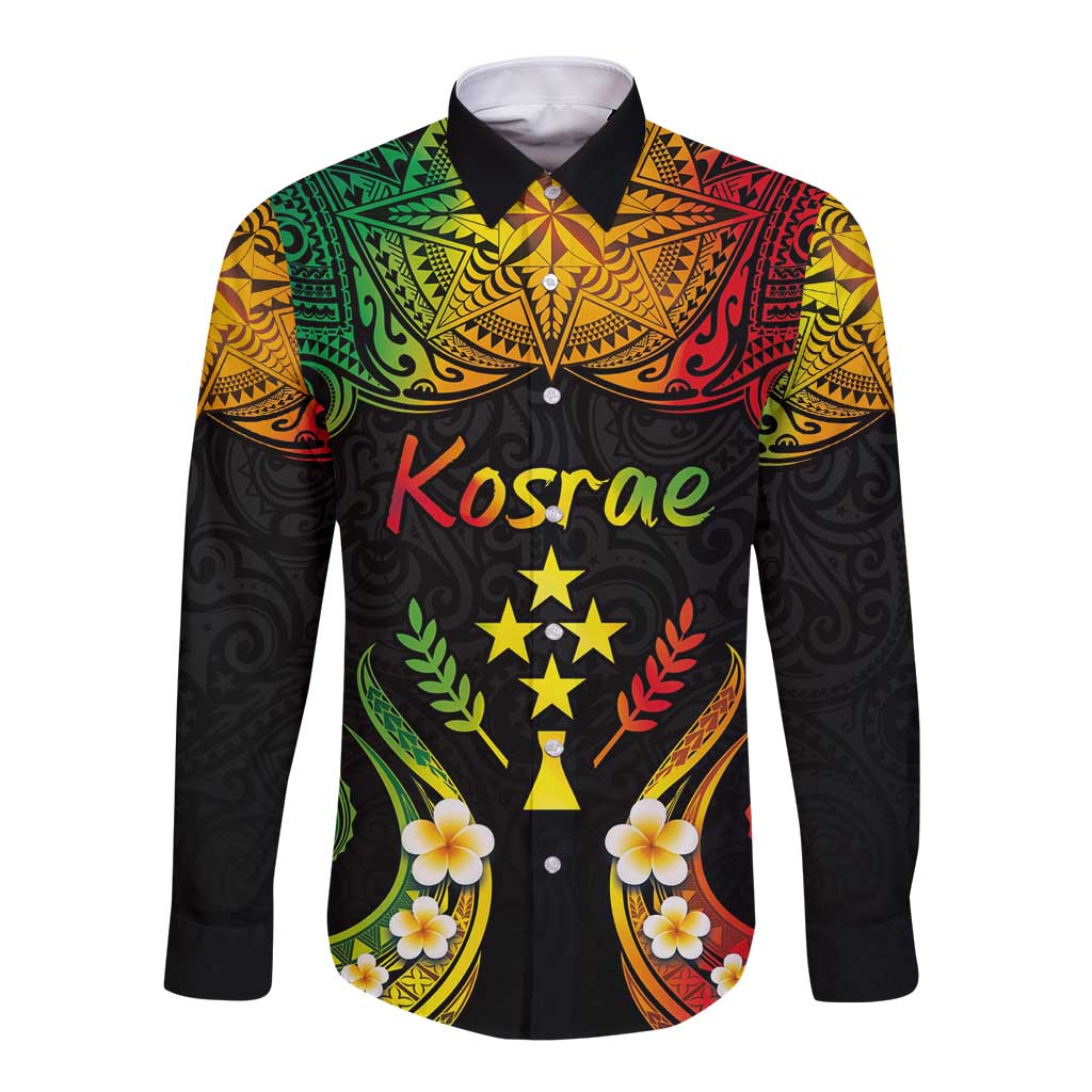 Personalised Kosrae Liberation Day Long Sleeve Button Shirt Polynesian Tattoo and Plumeria Reggae Color