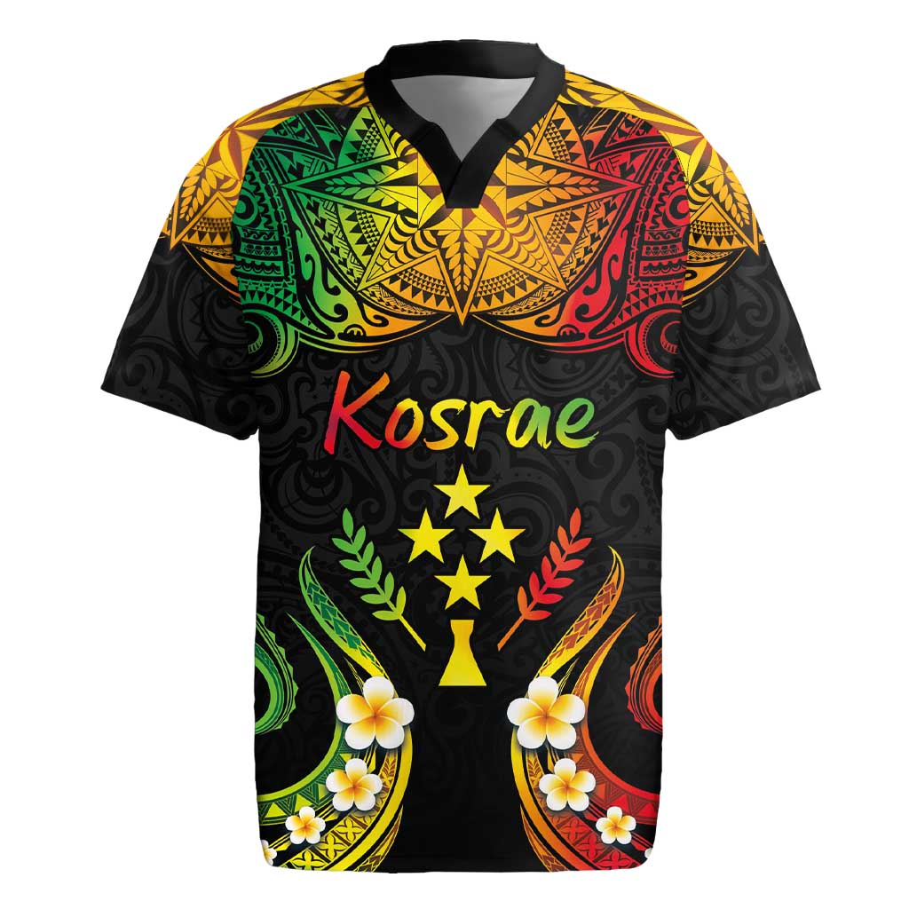 Personalised Kosrae Liberation Day Rugby Jersey Polynesian Tattoo and Plumeria Reggae Color