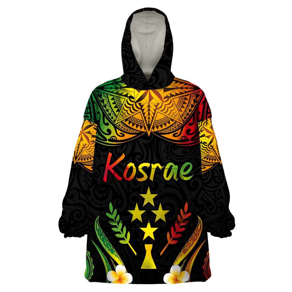 Personalised Kosrae Liberation Day Wearable Blanket Hoodie Polynesian Tattoo and Plumeria Reggae Color