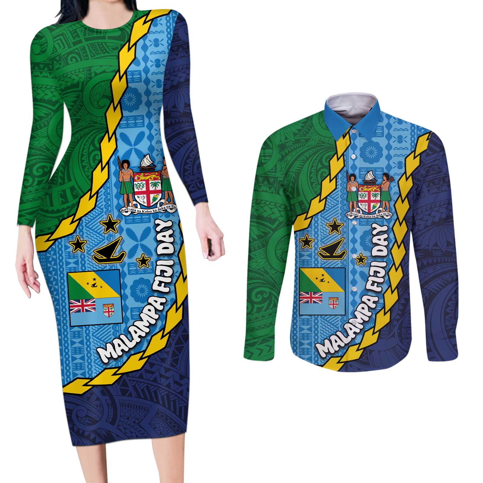 Malampa Fiji Day Couples Matching Long Sleeve Bodycon Dress and Long Sleeve Button Shirt National Symbols with Tapa Tribal and Polynesian Tattoo