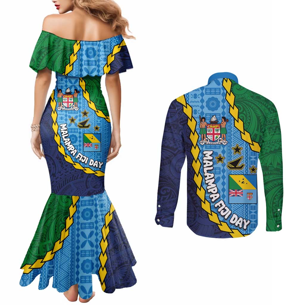 Malampa Fiji Day Couples Matching Mermaid Dress and Long Sleeve Button Shirt National Symbols with Tapa Tribal and Polynesian Tattoo