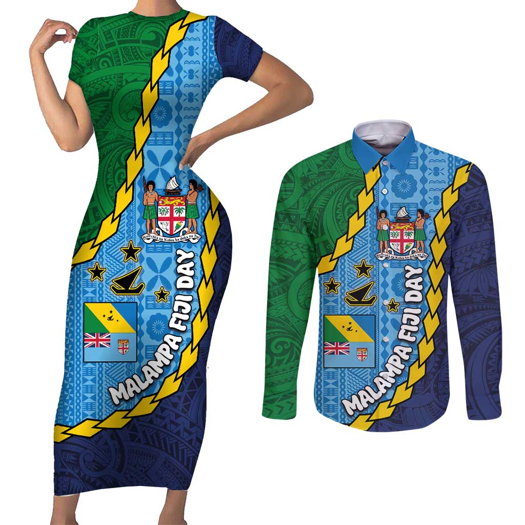 Malampa Fiji Day Couples Matching Short Sleeve Bodycon Dress and Long Sleeve Button Shirt National Symbols with Tapa Tribal and Polynesian Tattoo