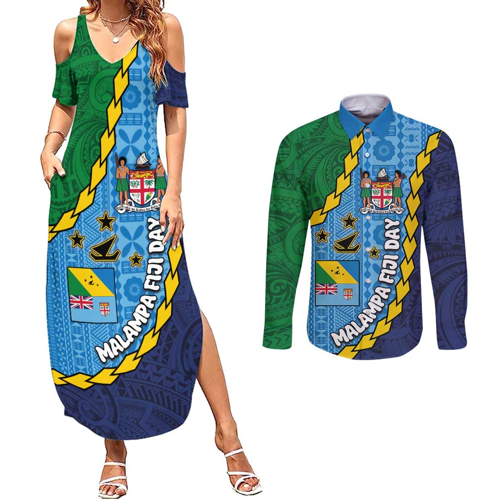 Malampa Fiji Day Couples Matching Summer Maxi Dress and Long Sleeve Button Shirt National Symbols with Tapa Tribal and Polynesian Tattoo