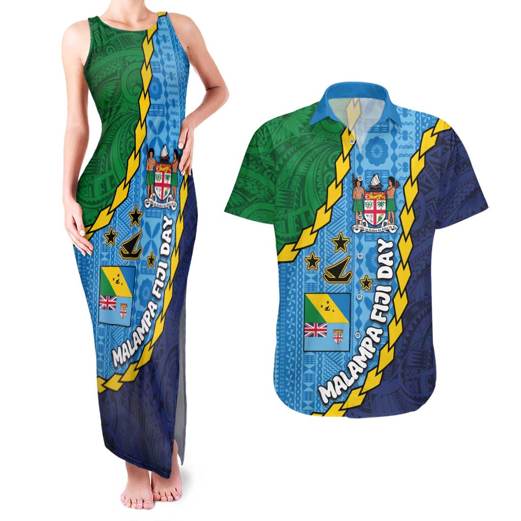 Malampa Fiji Day Couples Matching Tank Maxi Dress and Hawaiian Shirt National Symbols with Tapa Tribal and Polynesian Tattoo