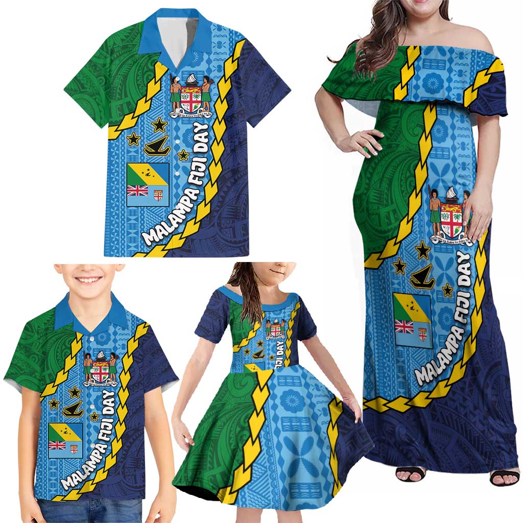 Malampa Fiji Day Family Matching Off Shoulder Maxi Dress and Hawaiian Shirt National Symbols with Tapa Tribal and Polynesian Tattoo