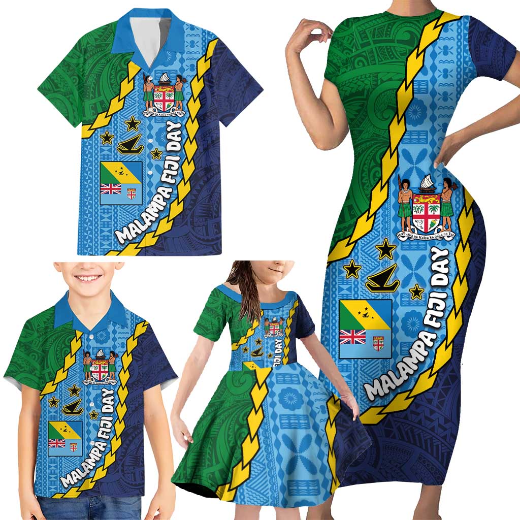 Malampa Fiji Day Family Matching Short Sleeve Bodycon Dress and Hawaiian Shirt National Symbols with Tapa Tribal and Polynesian Tattoo