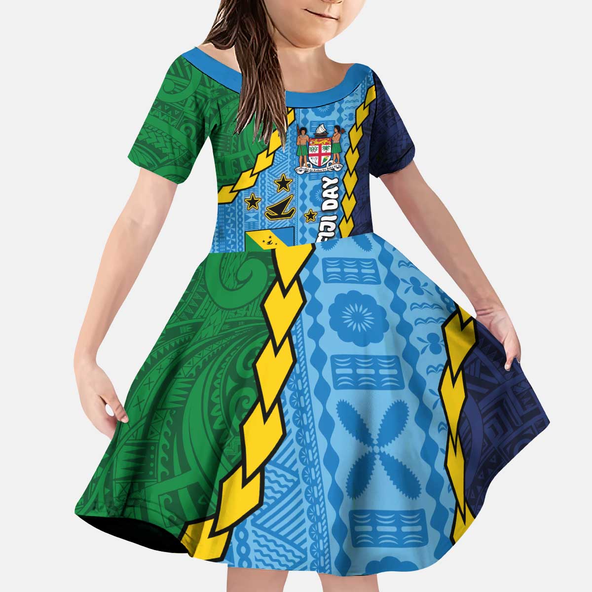 Malampa Fiji Day Kid Short Sleeve Dress National Symbols with Tapa Tribal and Polynesian Tattoo