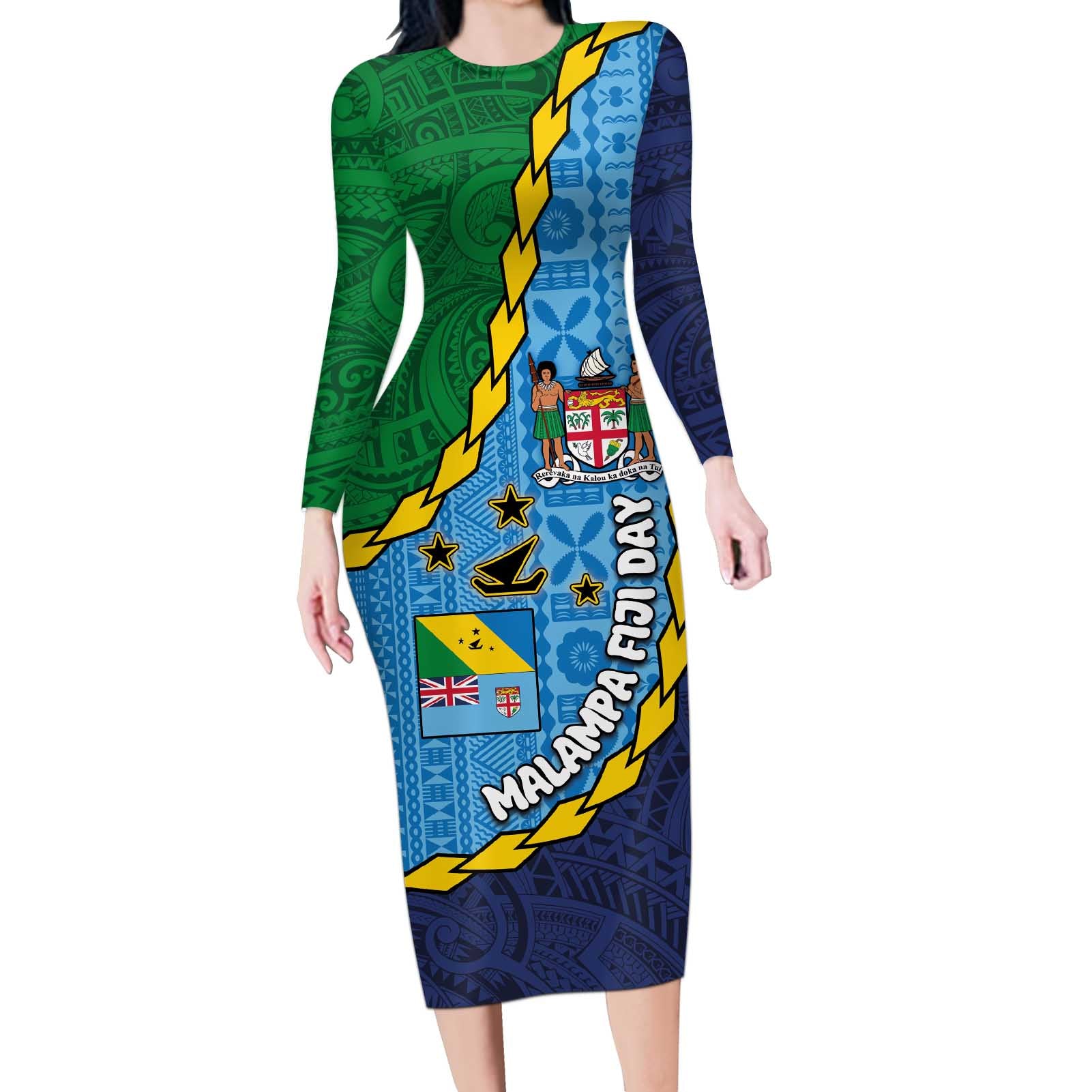 Malampa Fiji Day Long Sleeve Bodycon Dress National Symbols with Tapa Tribal and Polynesian Tattoo