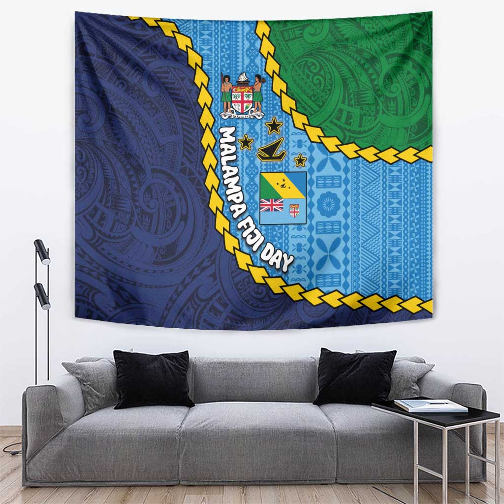 Malampa Fiji Day Tapestry National Symbols with Tapa Tribal and Polynesian Tattoo