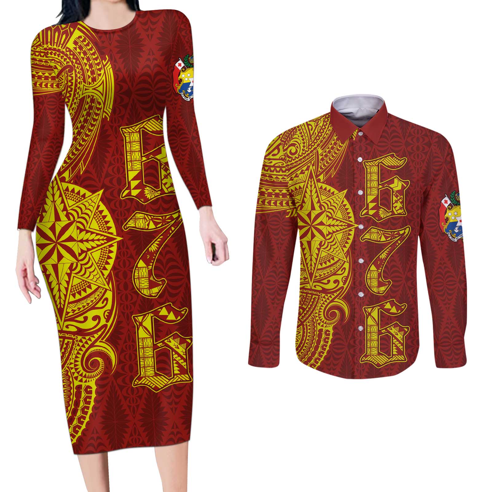 Tonga 676 Ngatu Tribal Tattoo Couples Matching Long Sleeve Bodycon Dress and Long Sleeve Button Shirt