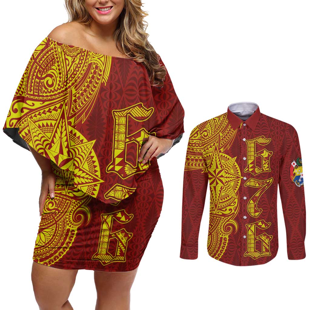 Tonga 676 Ngatu Tribal Tattoo Couples Matching Off Shoulder Short Dress and Long Sleeve Button Shirt