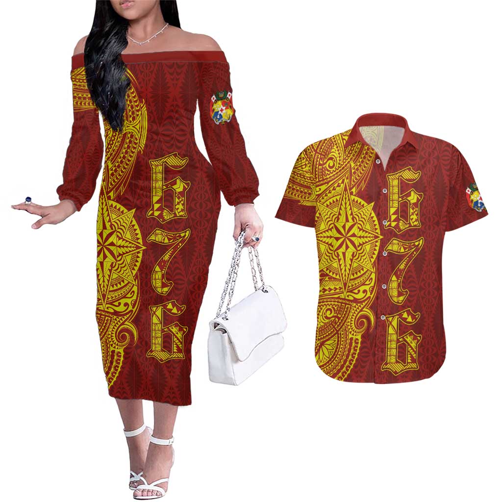 Tonga 676 Ngatu Tribal Tattoo Couples Matching Off The Shoulder Long Sleeve Dress and Hawaiian Shirt LT03 Red - Polynesian Pride