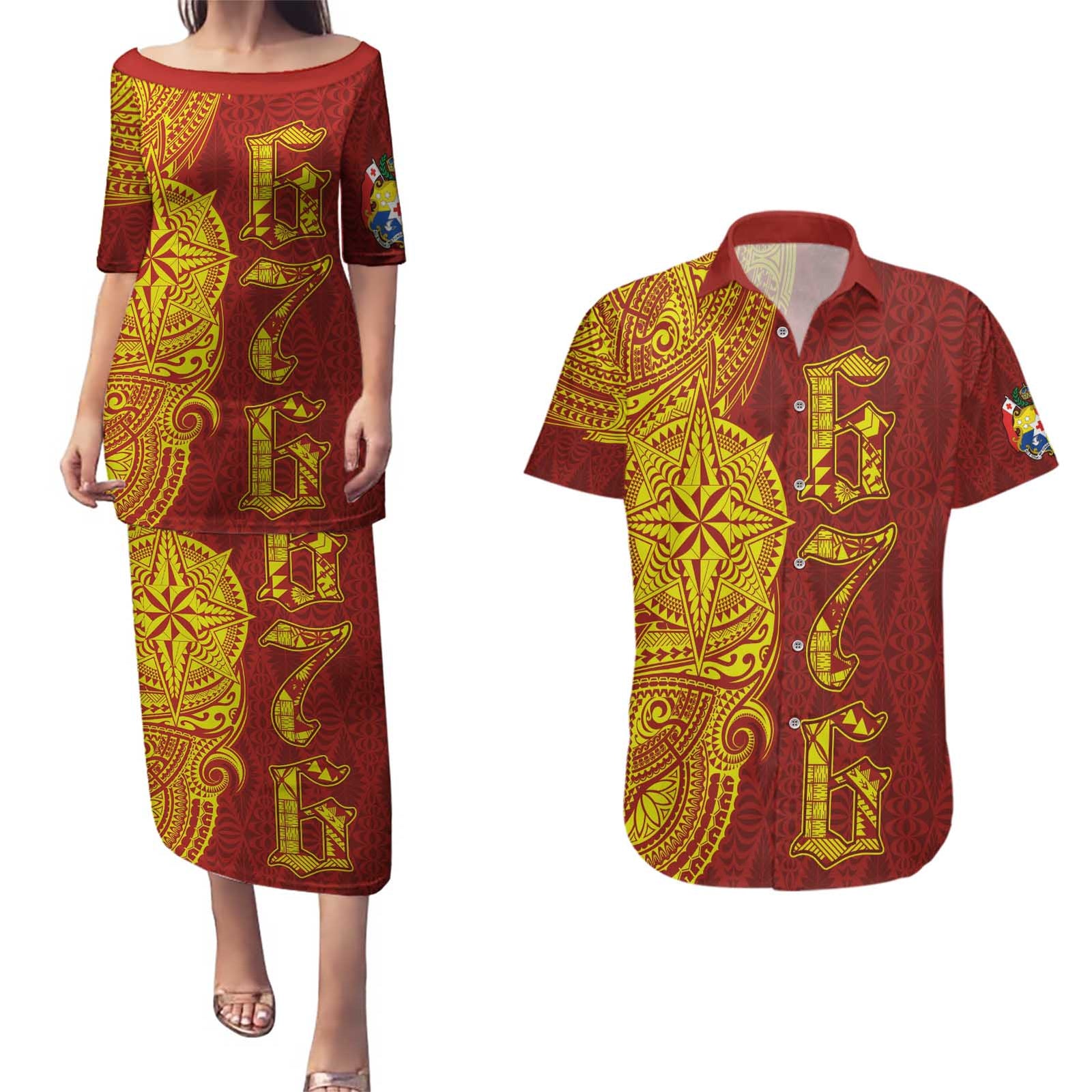 Tonga 676 Ngatu Tribal Tattoo Couples Matching Puletasi and Hawaiian Shirt LT03 Red - Polynesian Pride