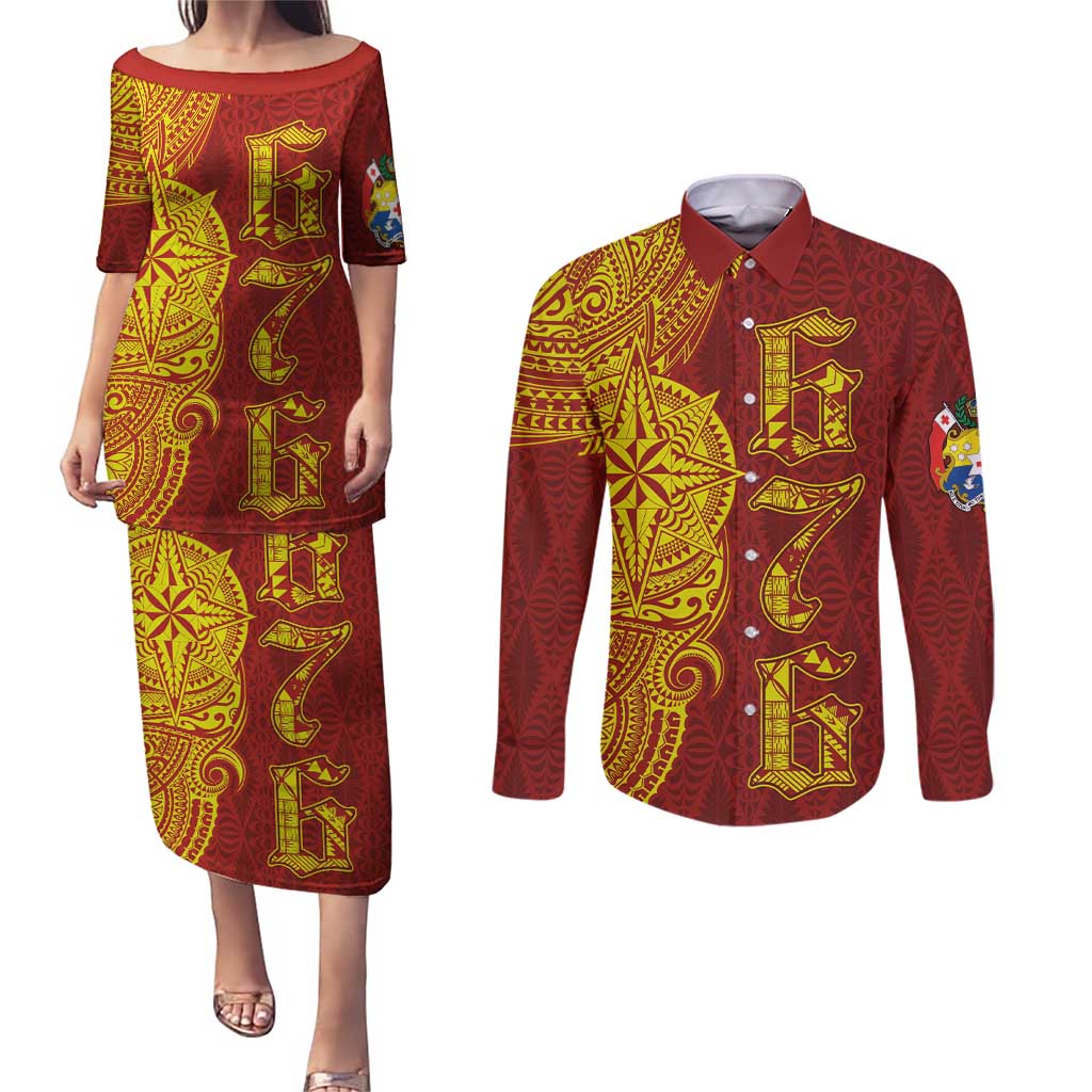 Tonga 676 Ngatu Tribal Tattoo Couples Matching Puletasi and Long Sleeve Button Shirt LT03 Red - Polynesian Pride