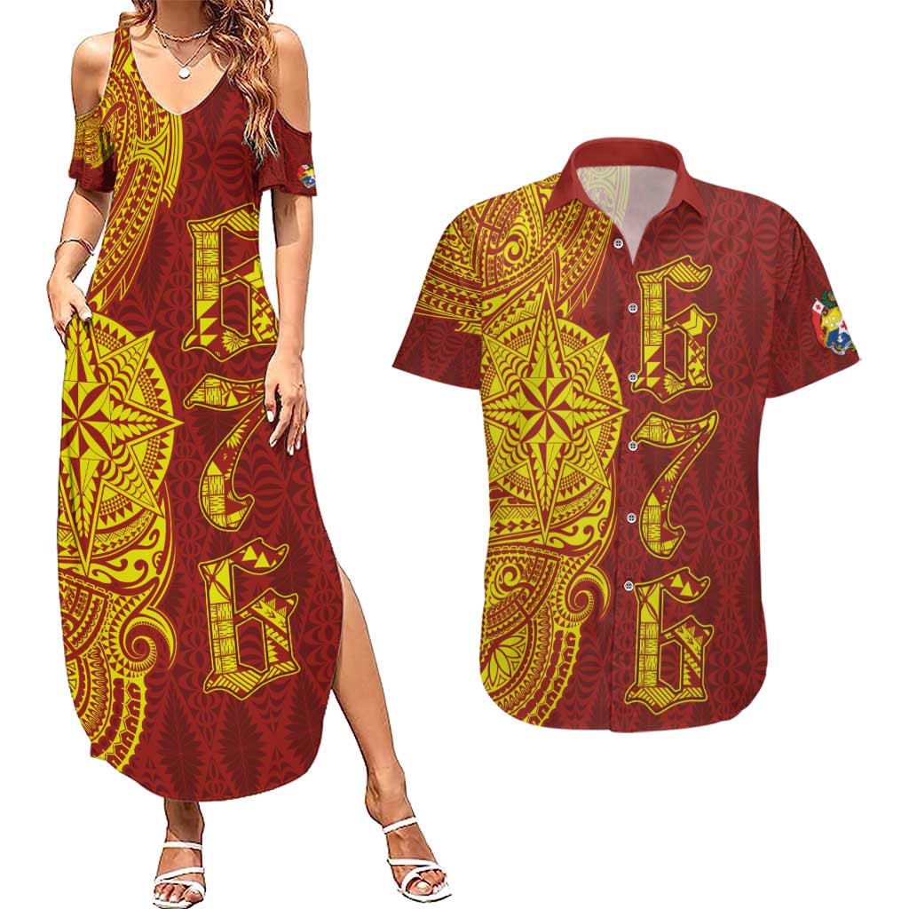 Tonga 676 Ngatu Tribal Tattoo Couples Matching Summer Maxi Dress and Hawaiian Shirt