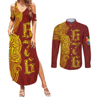 Tonga 676 Ngatu Tribal Tattoo Couples Matching Summer Maxi Dress and Long Sleeve Button Shirt LT03 Red - Polynesian Pride