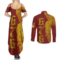 Tonga 676 Ngatu Tribal Tattoo Couples Matching Summer Maxi Dress and Long Sleeve Button Shirt LT03 - Polynesian Pride