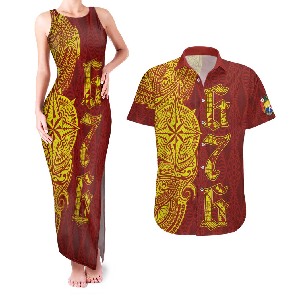 Tonga 676 Ngatu Tribal Tattoo Couples Matching Tank Maxi Dress and Hawaiian Shirt LT03 Red - Polynesian Pride