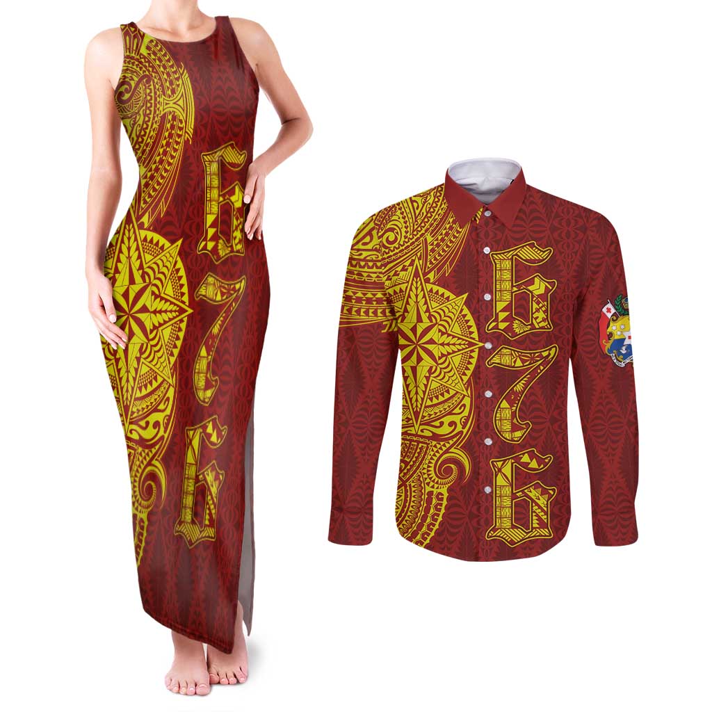 Tonga 676 Ngatu Tribal Tattoo Couples Matching Tank Maxi Dress and Long Sleeve Button Shirt