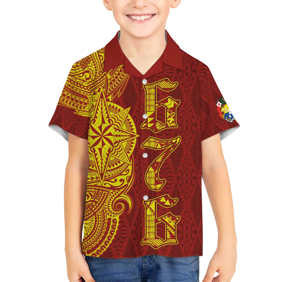 Tonga 676 Ngatu Tribal Tattoo Family Matching Off The Shoulder Long Sleeve Dress and Hawaiian Shirt LT03 Son's Shirt Red - Polynesian Pride