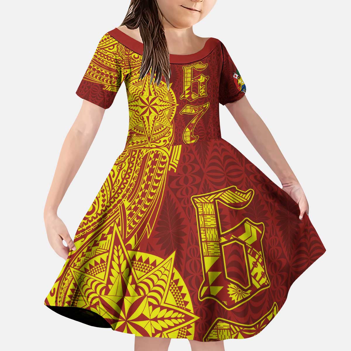 Tonga 676 Ngatu Tribal Tattoo Family Matching Puletasi and Hawaiian Shirt LT03 Daughter's Dress Red - Polynesian Pride