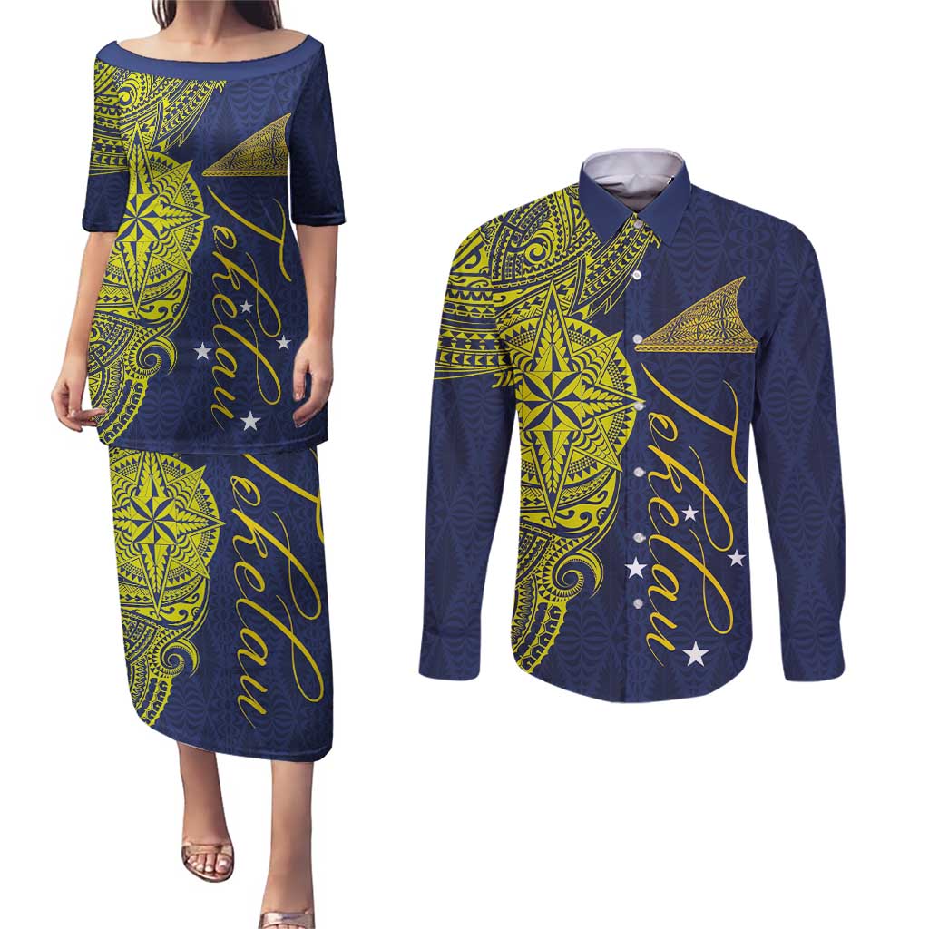 Personalised Tokelau Classic Ngatu Motifs Couples Matching Puletasi and Long Sleeve Button Shirt