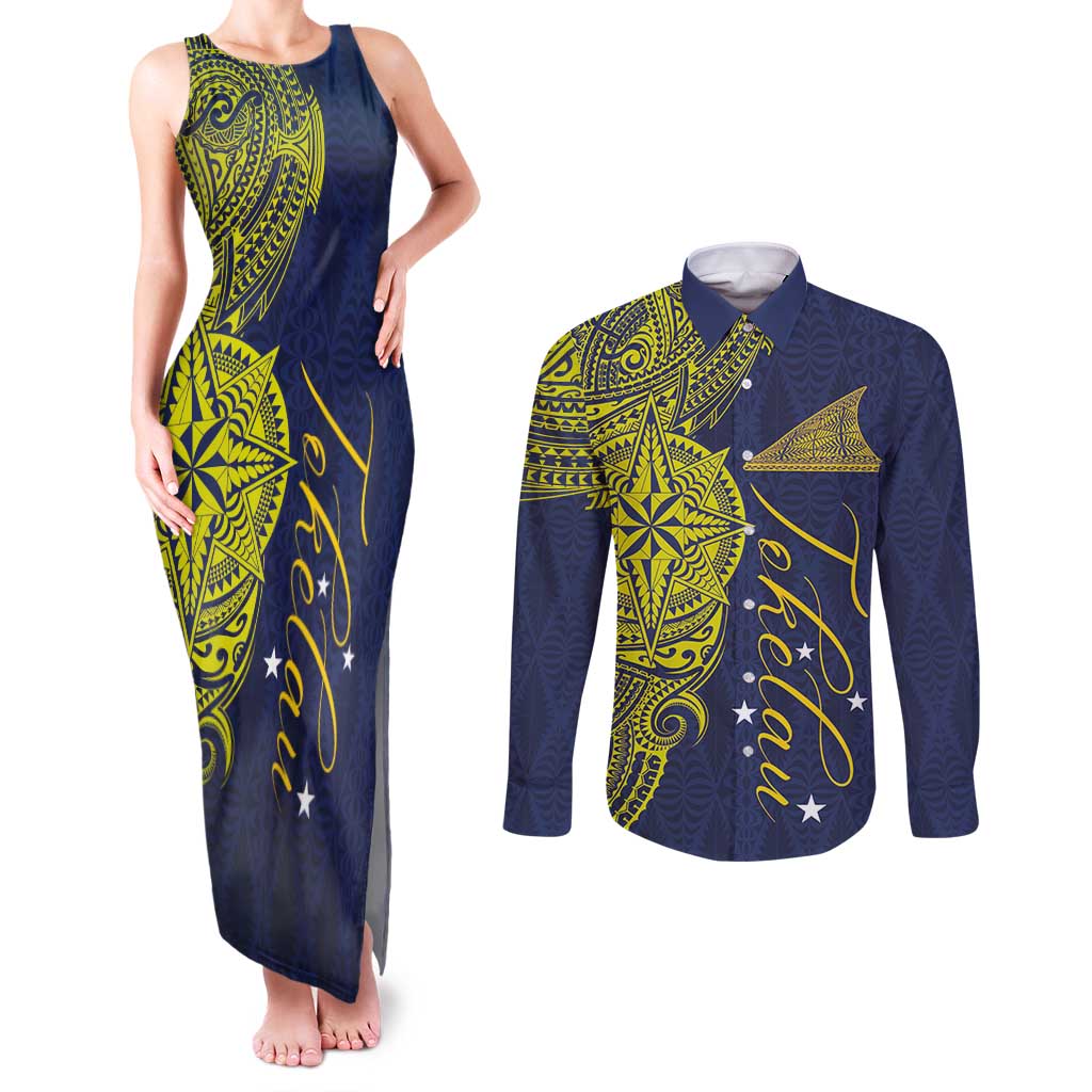 Personalised Tokelau Classic Ngatu Motifs Couples Matching Tank Maxi Dress and Long Sleeve Button Shirt