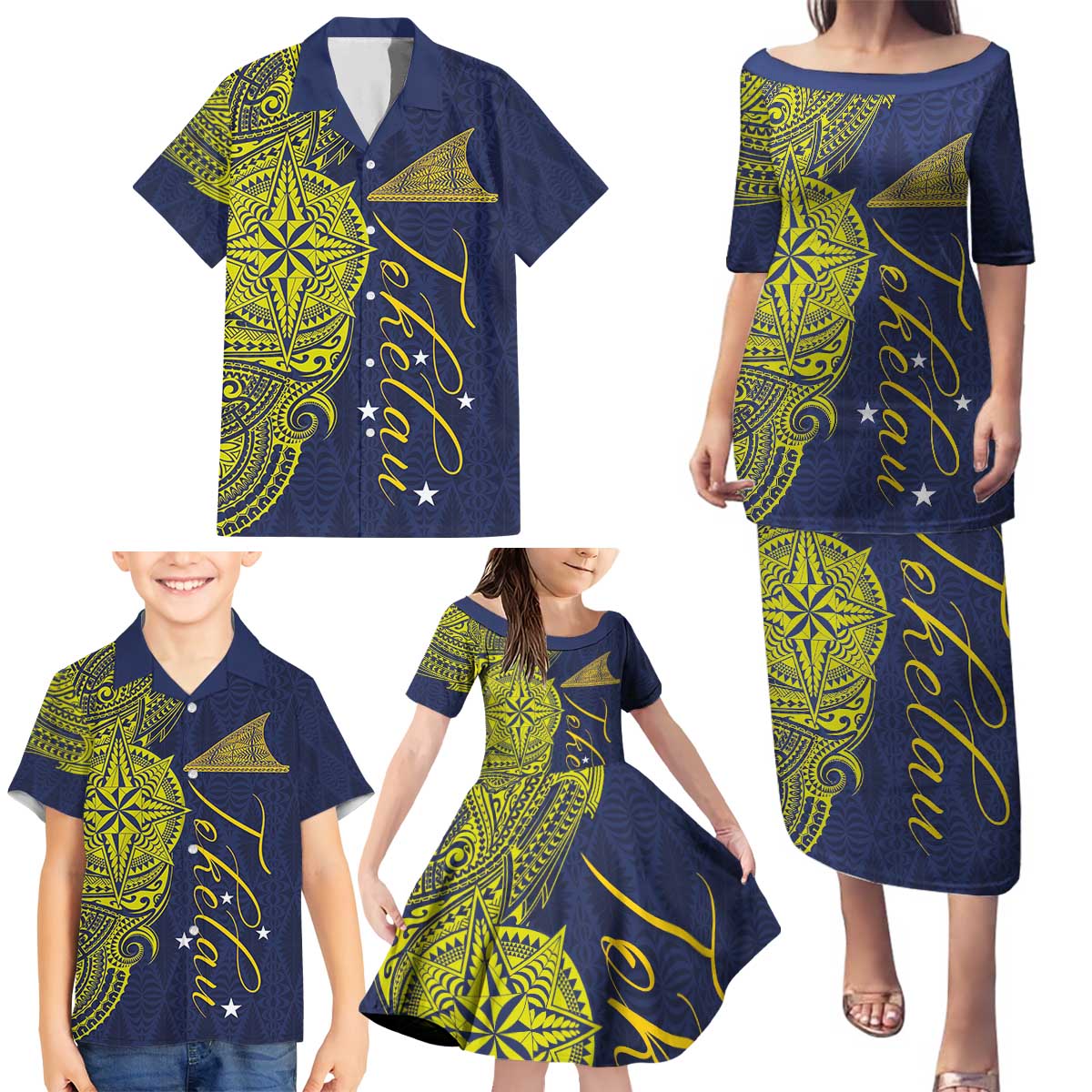 Personalised Tokelau Classic Ngatu Motifs Family Matching Puletasi and Hawaiian Shirt