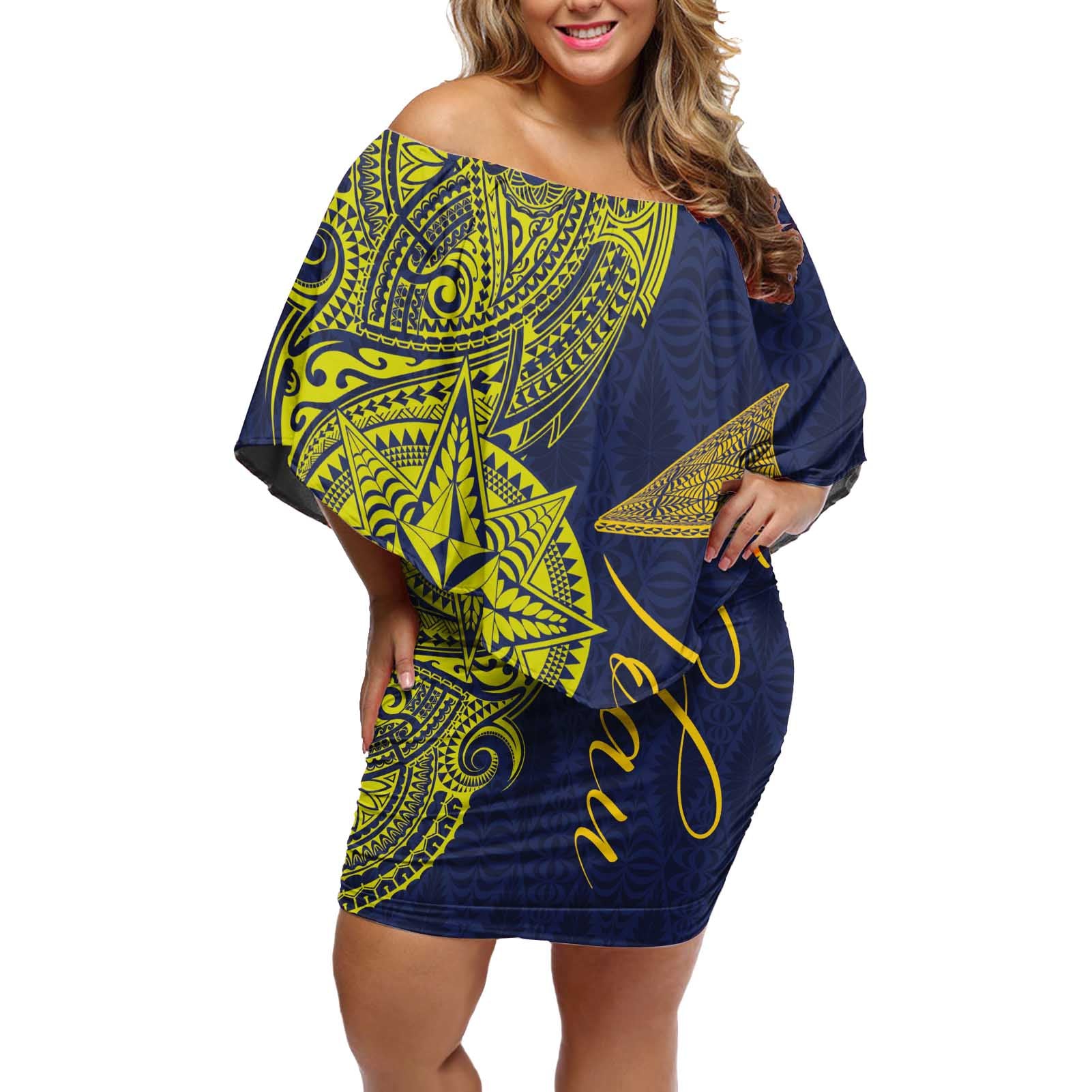 Personalised Tokelau Classic Ngatu Motifs Off Shoulder Short Dress