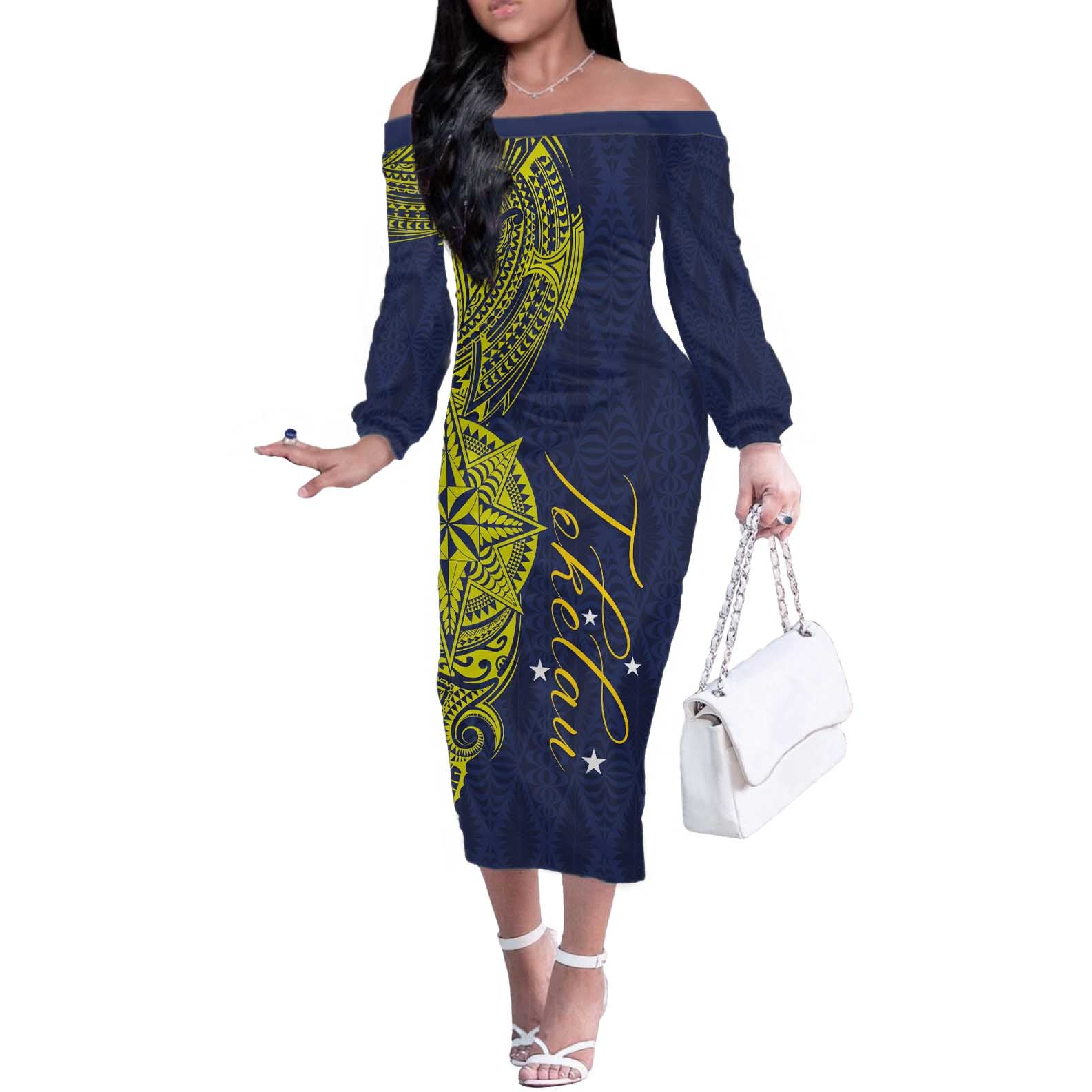 Personalised Tokelau Classic Ngatu Motifs Off The Shoulder Long Sleeve Dress