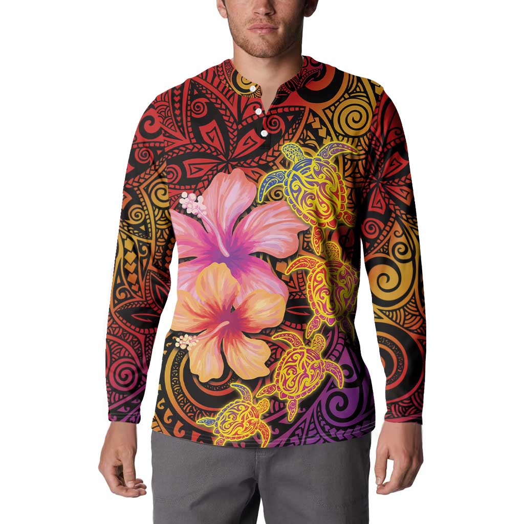 Hawaiian Hibiscus Turtle Tribal Polynesian Pattern Button Sweatshirt Colorful Color LT03 - Polynesian Pride