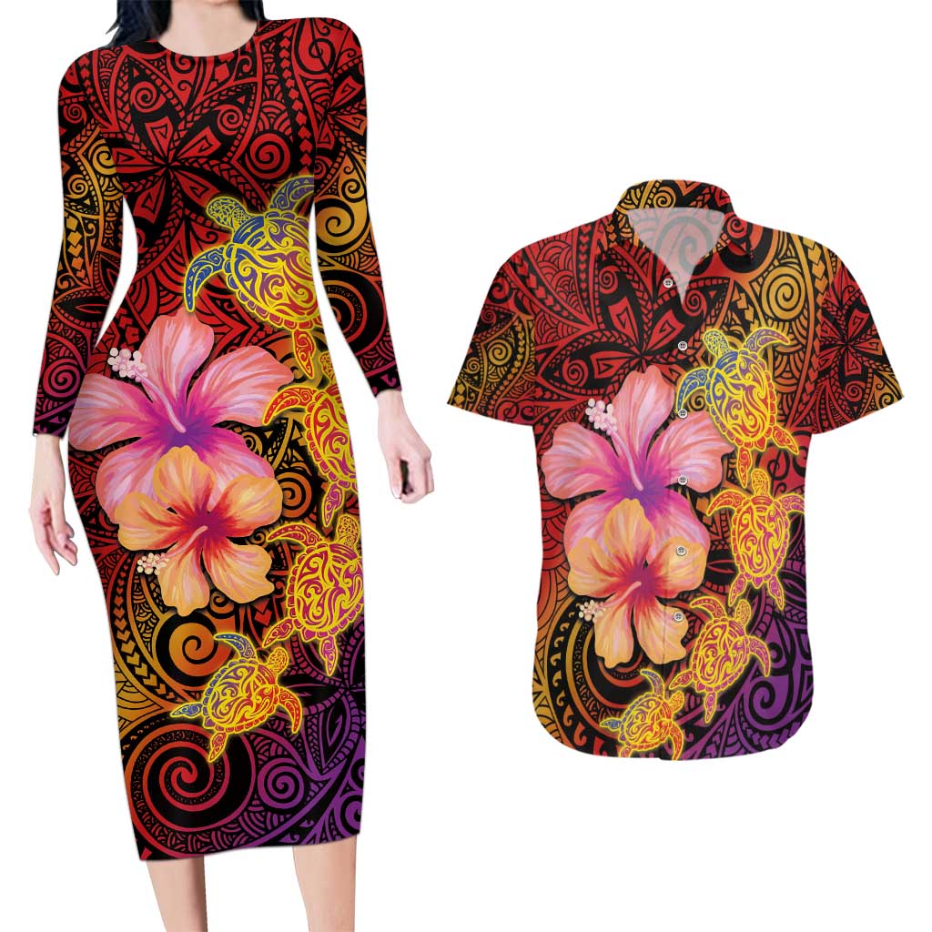 Hawaiian Hibiscus Turtle Tribal Polynesian Pattern Couples Matching Long Sleeve Bodycon Dress and Hawaiian Shirt Colorful Color