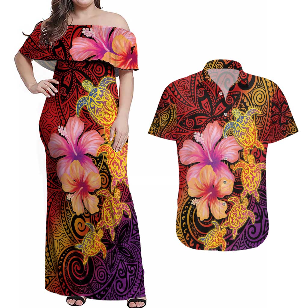 Hawaiian Hibiscus Turtle Tribal Polynesian Pattern Couples Matching Off Shoulder Maxi Dress and Hawaiian Shirt Colorful Color