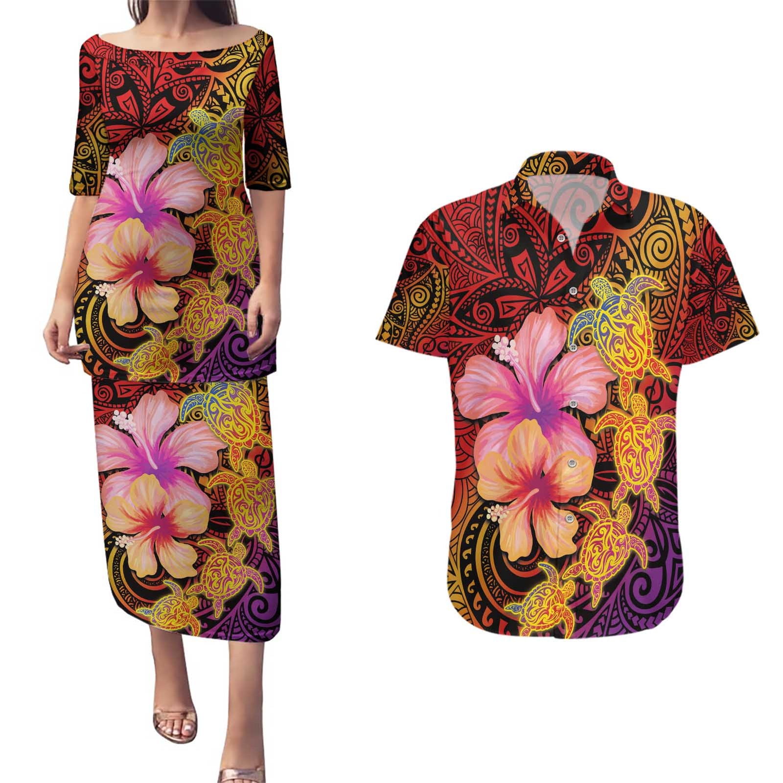 Hawaiian Hibiscus Turtle Tribal Polynesian Pattern Couples Matching Puletasi and Hawaiian Shirt Colorful Color LT03 Red - Polynesian Pride